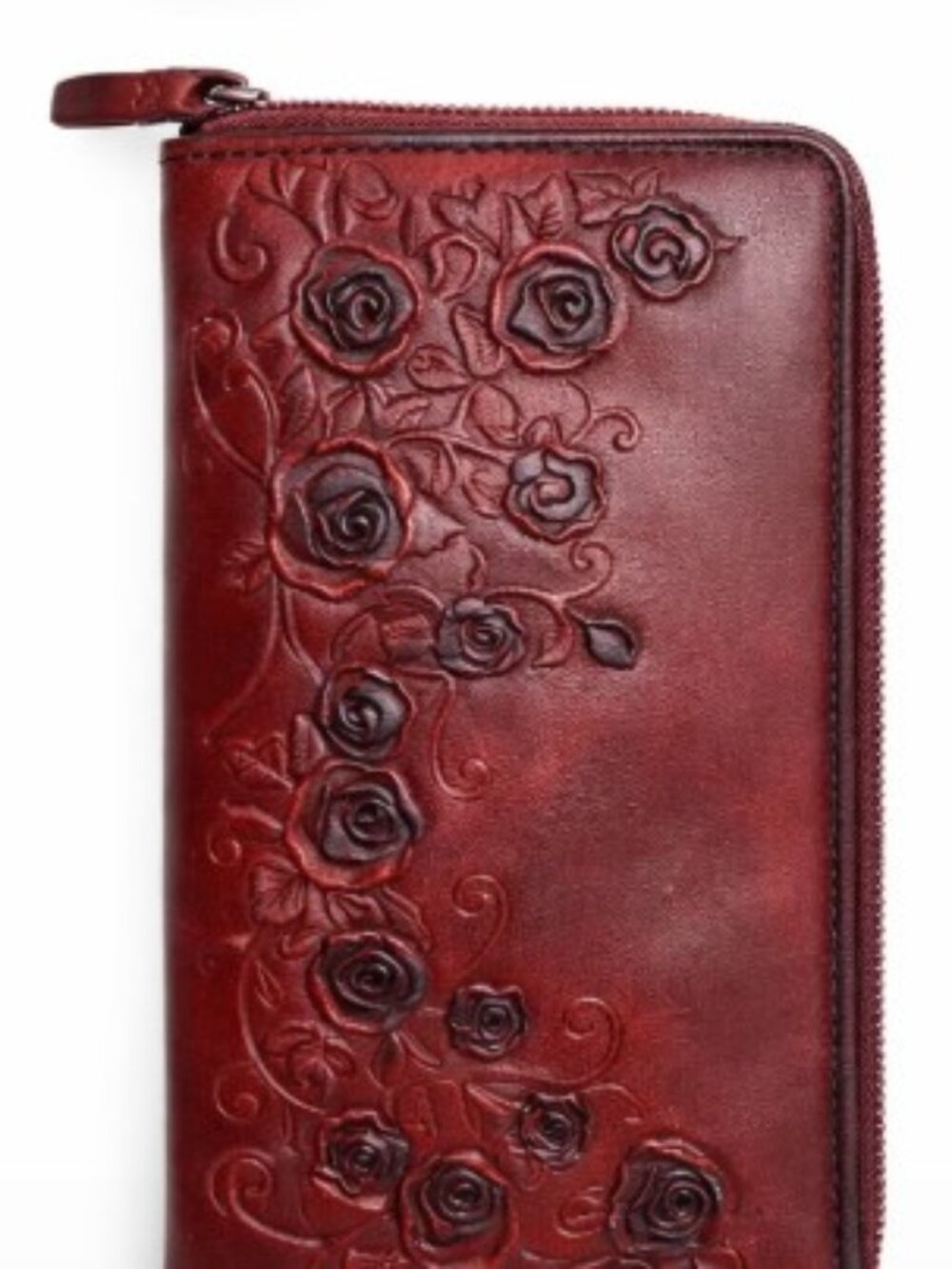 Vintage Style Tooled Leather Zip Around Wallet – Deep Red Floral